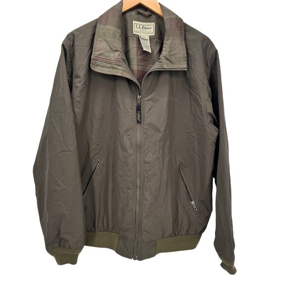 LL Bean Jacket Mens Large Flannel Lined Full Zip Warm Up Olive Green Nylon - Picture 1 of 8